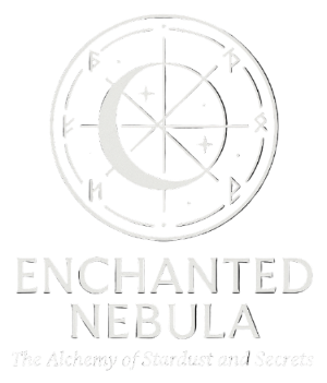 Logo of 'Enchanted Nebula' with a celestial design on a black background